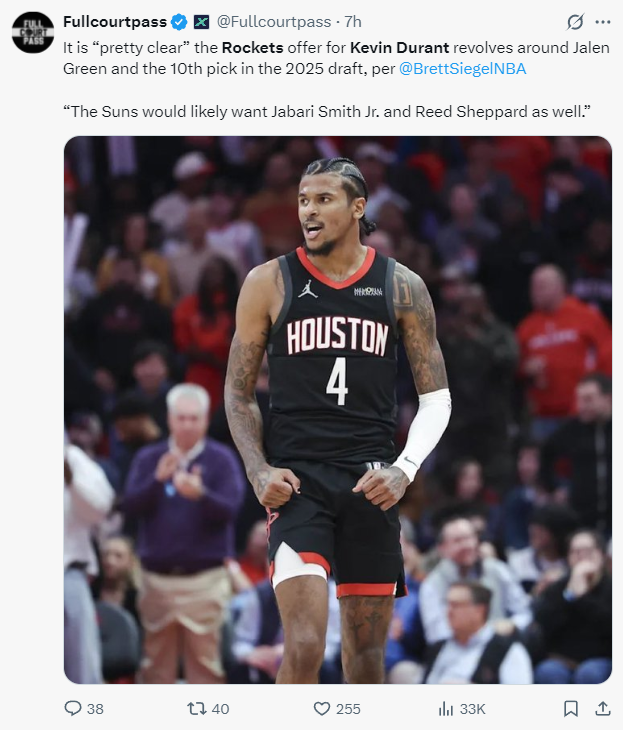 火箭用格林+10号签报价KD遭拒！太阳还索要双星 休媒重申无需加价